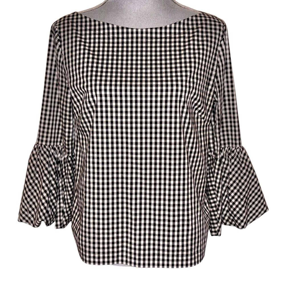 Laundry by Shelli Segal Black White Gingham Bell Sleeve Blouse